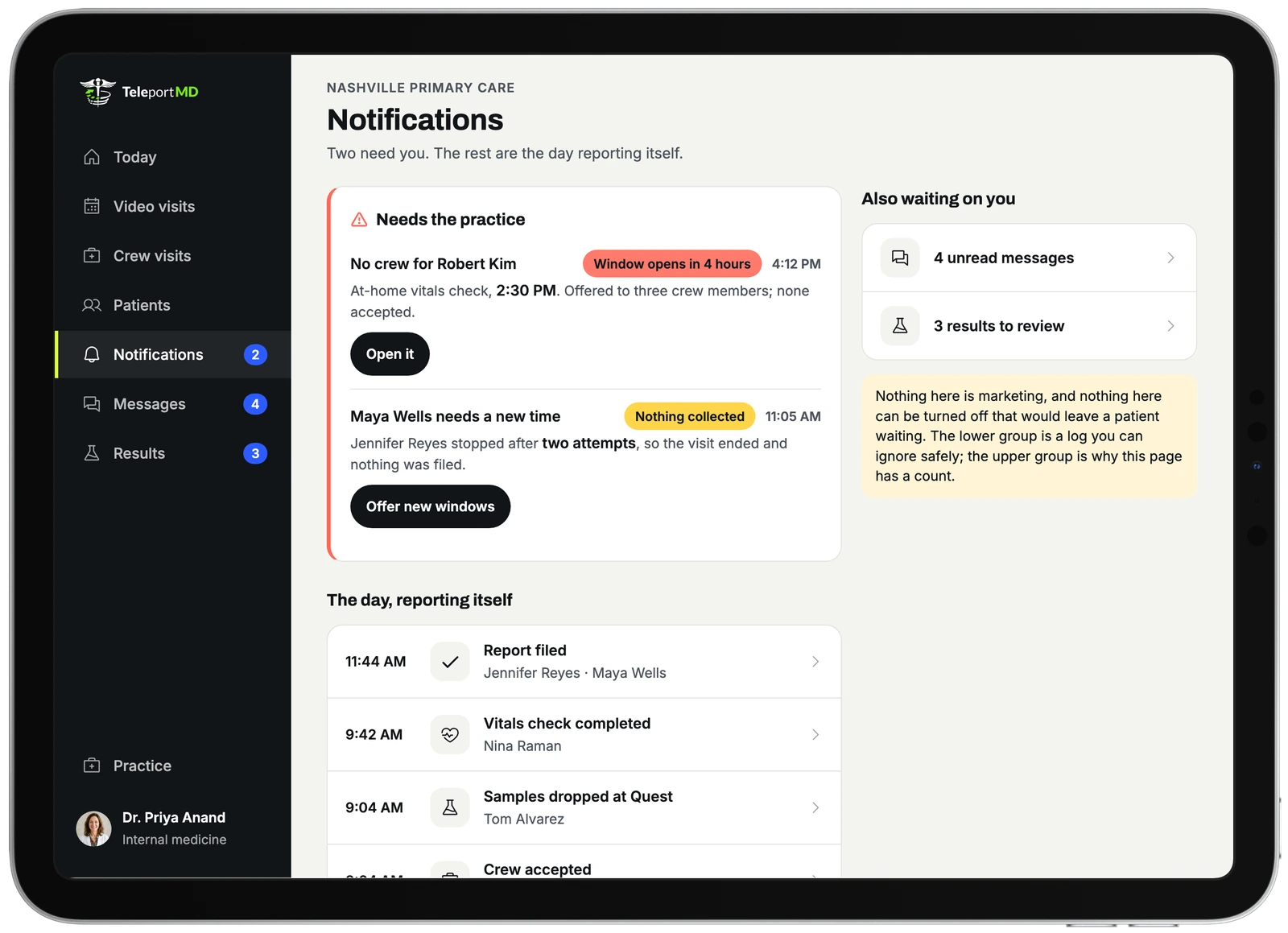 The provider portal, Notifications